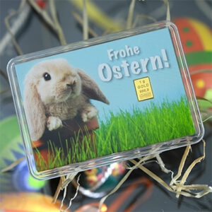 Geschenkbarren bestehend aus 1g Gold und einem Motiveinleger zu Ostern.