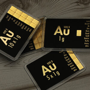 Geschenkbarren mit Investmentmotiv und verschieden vielen Goldbarren.