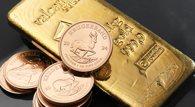 Goldmünzen Krügerrand 2024 und ein 1kg Goldbarren von Valcambi