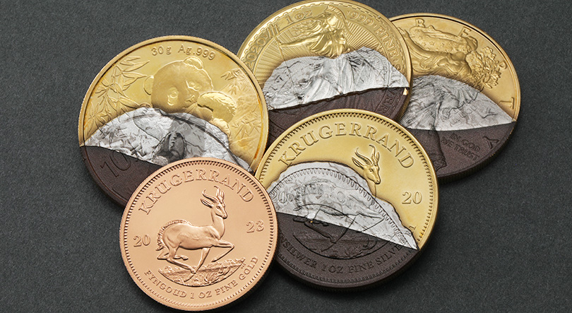 Fälschungen verschiedener Goldmünzen im Vergleich zu echtem Krügerrand aus Gold.