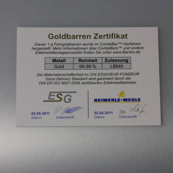 50x Zertifikat für Goldbarren (ESG) A8 
