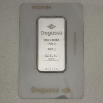 Rhodiumbarren 100g Degussa (999 Rh), geprägt 