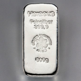 Silberbarren 500g Heraeus, gegossen 