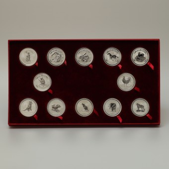 Silbermünze "12x1oz Lunar I Komplettset 1999-2010" inklusive roter Sammler-Box