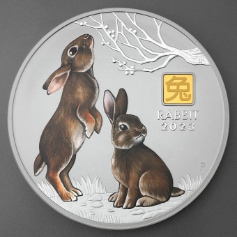 Silbermünze 1kg "Hase" 2023 (koloriert) Gold Privy Mark – Lunar III (Australien)