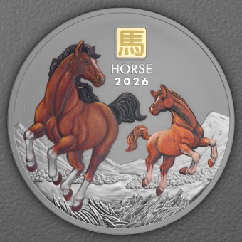 Silbermünze 1kg "Pferd" 2026 (koloriert) Gold Privy Mark – Lunar III (Australien)