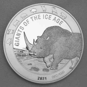 Silbermünze 1kg "Wollnashorn" 2021 Giants of Ice Age (Ghana)