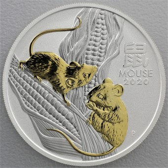 Silbermünze 1oz "2020 Maus" Lunar III gilded Polierte Platte