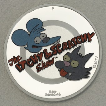 Silbermünze 1oz "Itchy & Scratch 2021" (Tuvalu) The Simpsons Serie, Polierte Platte, koloriert