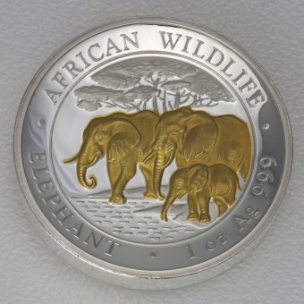 Silbermünze 1oz "Somalia Elefant 2013" HR gilded High Relief Proof - gilded