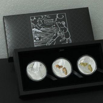 Silbermünze "2020 Maus" Lunar III 1oz Silver Trio Proof + coloured + gilded finishes