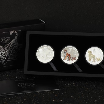 Silbermünze "2022 Tiger" Lunar III 1oz Silver Trio Proof + coloured + gilded finishes