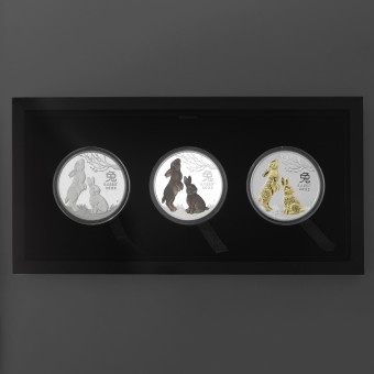 Silbermünze 1oz "Hase" 2023 (PP/kol./vergoldet) Set – 3-teilig Lunar III – Year of the Rabbit