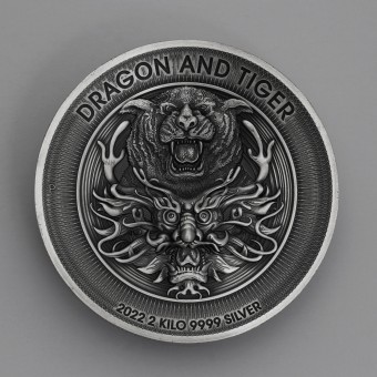 Silbermünze 2kg "Dragon & Tiger 2022" Antiqued High Relief Coin