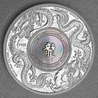 Silbermünze 2oz "Double Dragon & Pearl" 2024 (PP) Perlmutt-Einsatz diff. (Australien)