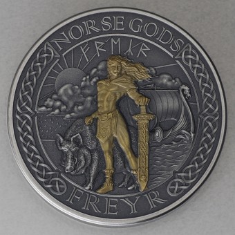 Silbermünze 2oz "Freyr - Norse Gods 2023" High Relief - Antique Finish - Gilded