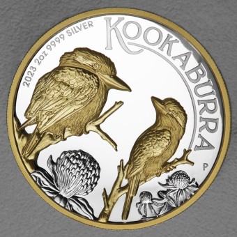 Silbermünze 2oz "Kookaburra - 2023" gilded (PP/HR) Polierte Platte / High Relief