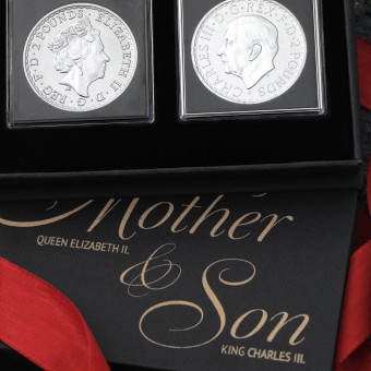 Silbermünze "2x 1oz Britannia 2023 - Mother & Son" Set - Queen Elizabeth II. & King Charles III.