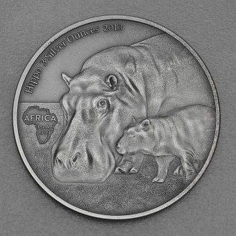 Silbermünze 3oz "Africa Hippo 2013" (Congo) Antique Finish