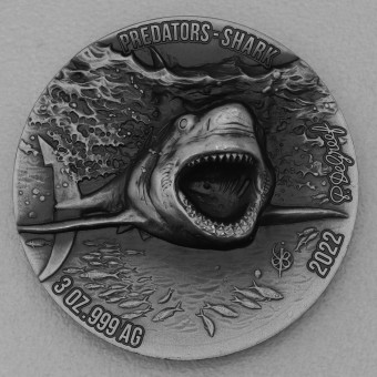 Silbermünze 3oz "Hai" 2022 Antik Finish HR Predators (Elfenbeinküste)