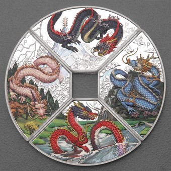 Silbermünze 4 x 1oz "Drache" 2024 (PP/koloriert) Set – 4-teilig Quadrant (Tuvalu)