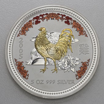 Silbermünze 5oz "Hahn" 2005 (koloriert/vergoldet) Lunar I – Year of the Rooster (Australien)