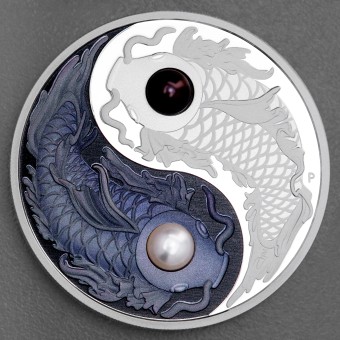 Silbermünze 5oz "Yin Yang Koi" 2024 (PP/koloriert) mit 2 echten Süßwasserperlen (Tuvalu)