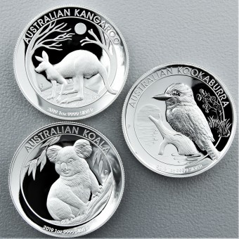 Silbermünze "Australian High Relief 2019" 3er-Set Känguru + Koala + Kookabura 3x 1oz Set