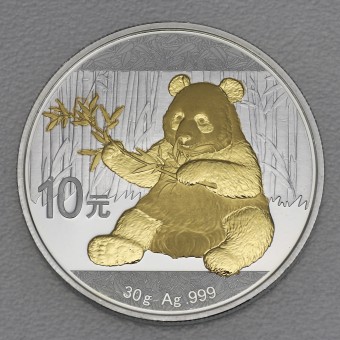 silbermünze, china panda, 30g, 2017, gilded, teilvergoldet