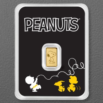 Goldbarren 0,5g "Snoopy" geprägt Blister Peanuts® 75th Anniversary