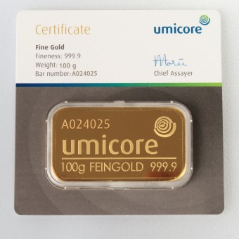 Goldbarren 100g UMICORE/Blister m. Zertifikat 