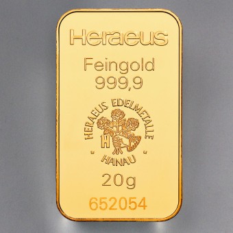 Goldbarren 20g HERAEUS, geprägt 