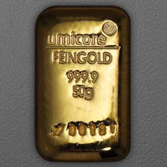 Goldbarren 50g UMICORE gegossen 