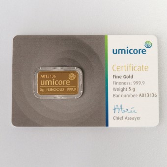 Goldbarren 5g UMICORE/Blister m. Zertifikat 