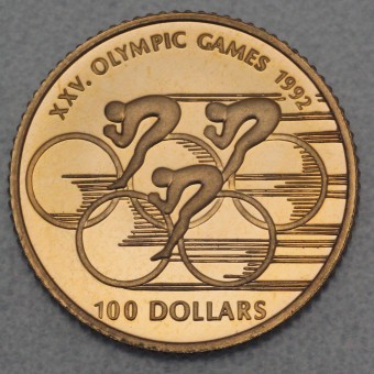 Goldmünze 100 Dollar "Cycling" 1990 Olympic Games 1992 (Cook Islands)