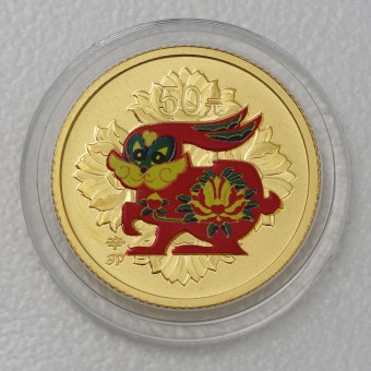 Goldmünze 1/10oz "Hase" 2011 koloriert Lunar (China)