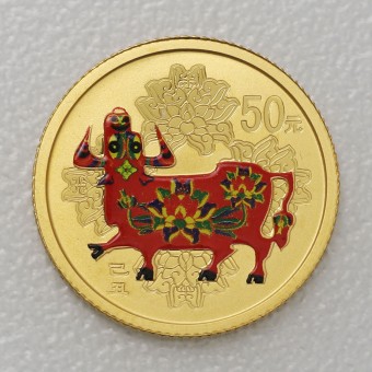 Goldmünze 1/10oz "Ochse" 2009 koloriert Lunar (China)