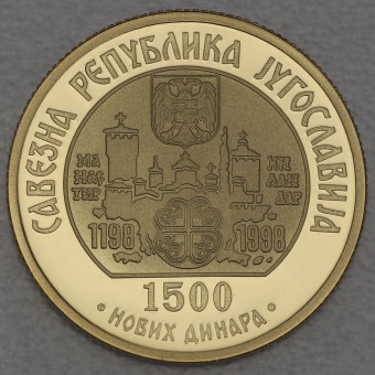 Goldmünze 1500 Novi Dinar "Kloster Hilandar" 1998 (PP) (Jugoslawien)
