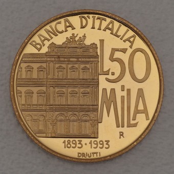Goldmünze "50000 Lire" 1993 100 Jahre Bank von Italien (Italien)