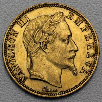 Goldmünze "50 Francs/Napoleon III. mit Kranz" (F) 