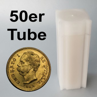 Goldmünze 50x "20 Lire" (Umberto I.), Tube 