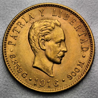 Goldmünze "5 Pesos - José Marti 1902-1916" (Cuba) mit Schild