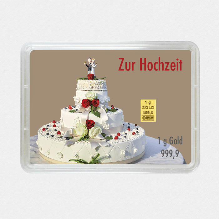 Goldbarren 1g "Blumen+Torte/Hochzeit" (Flip) 