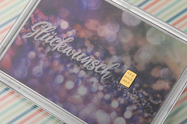 0,5g Gold im Flipmotiv Glückwunsch zur Geburt Geschenkbarren Glückwunsch mit 0,5g CombiBar Gold