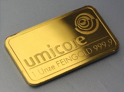 geprägter Goldbarren von Umicore 1 Unze aus 999,9 Feingold 