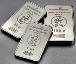 verschiedene Platinbarren mit 1g, 50g und 100g